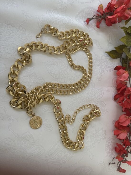 Belt Long Rope Link Chain Shiny Goldtone Adjustable 3 Layer Women\'s Y2K 33\